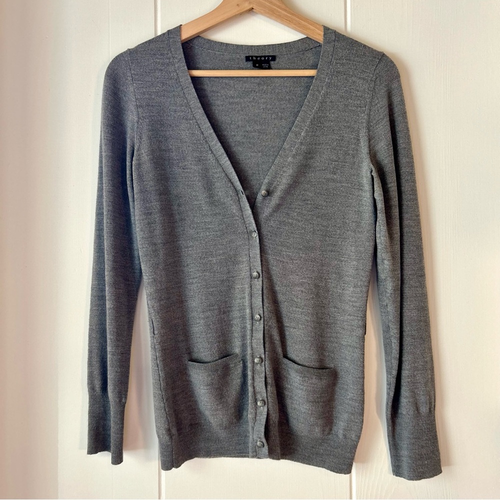 Theory Charcoal Button-Up Women's Cardigan Merino Wool size P